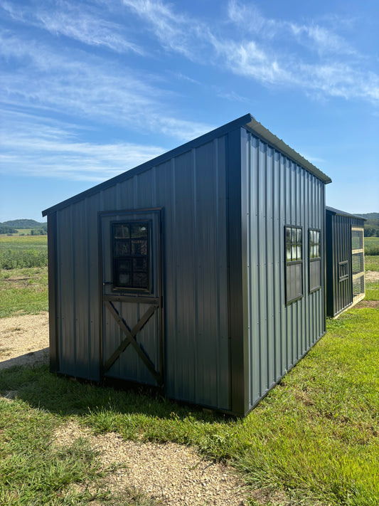 8x12 homestead chicken coop in charcoal blue with black roof and trim